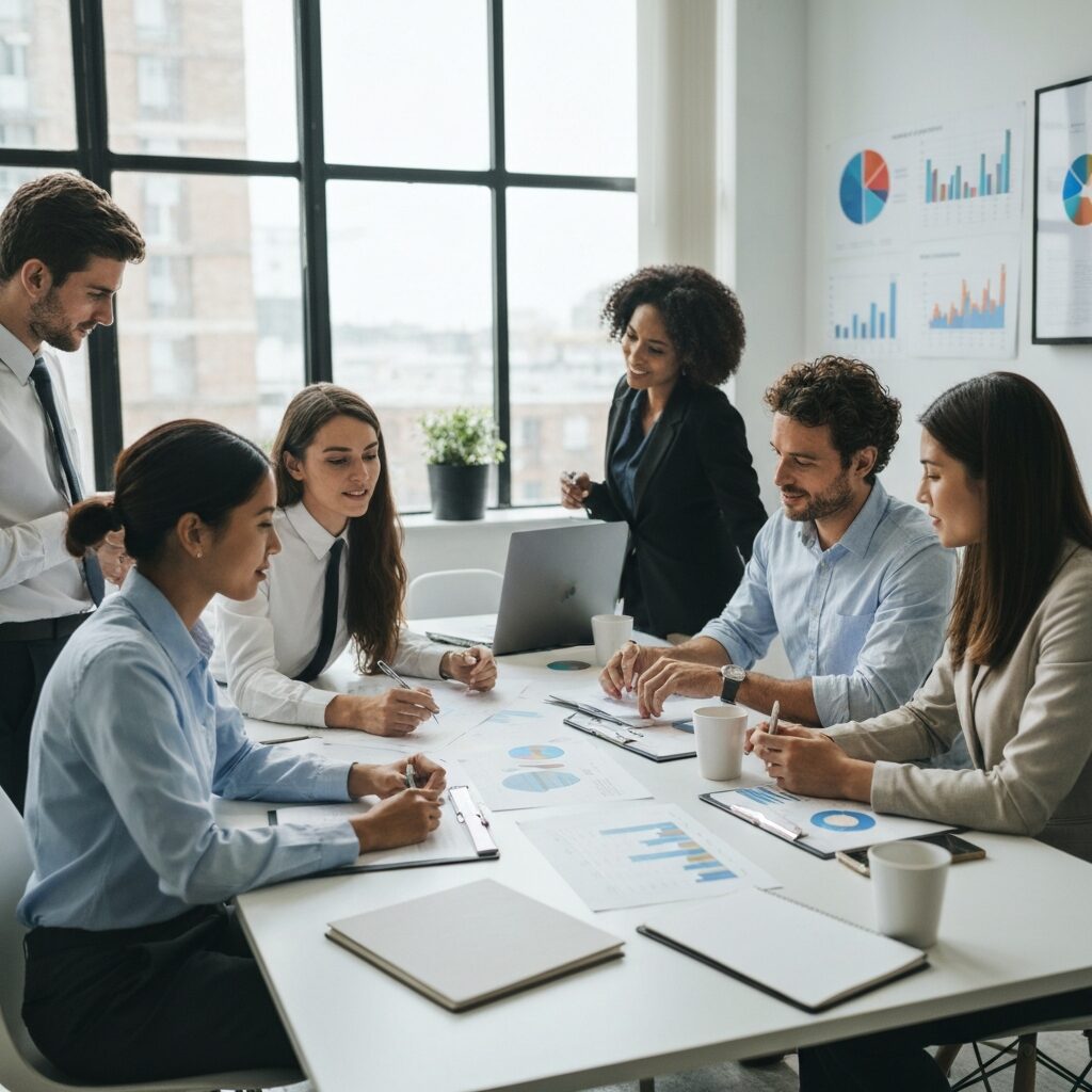 Business strategy meeting with charts and graphs, diverse team, conference room
