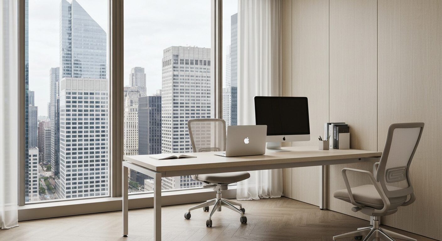 税務書類とCalculator、アメリカの税務署ビルディングが見える現代的なオフィス風景