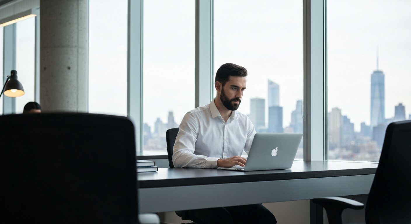 スタートアップオフィスでラップトップを使って作業する起業家、背景にアメリカの都市風景