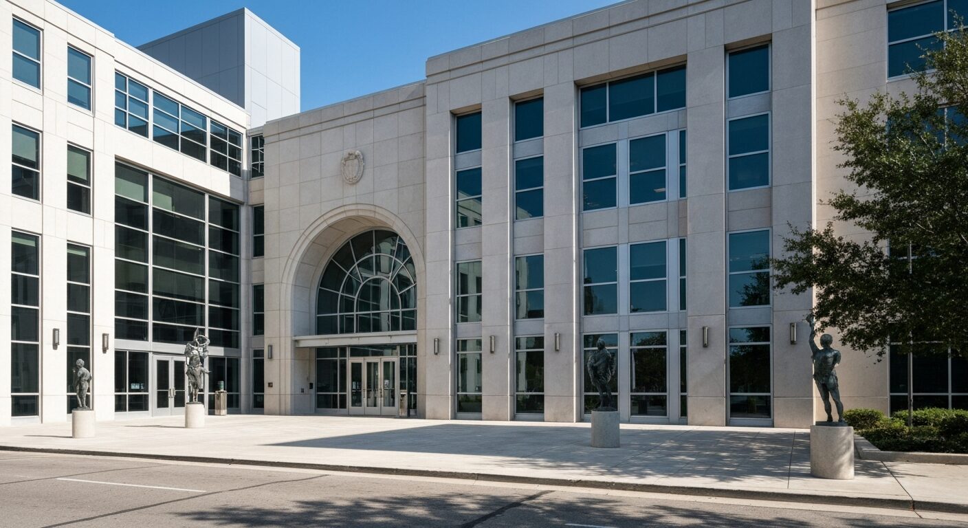 アメリカ移民局のビルディングと法的書類、ビジネスビザの申請フォームが見える風景