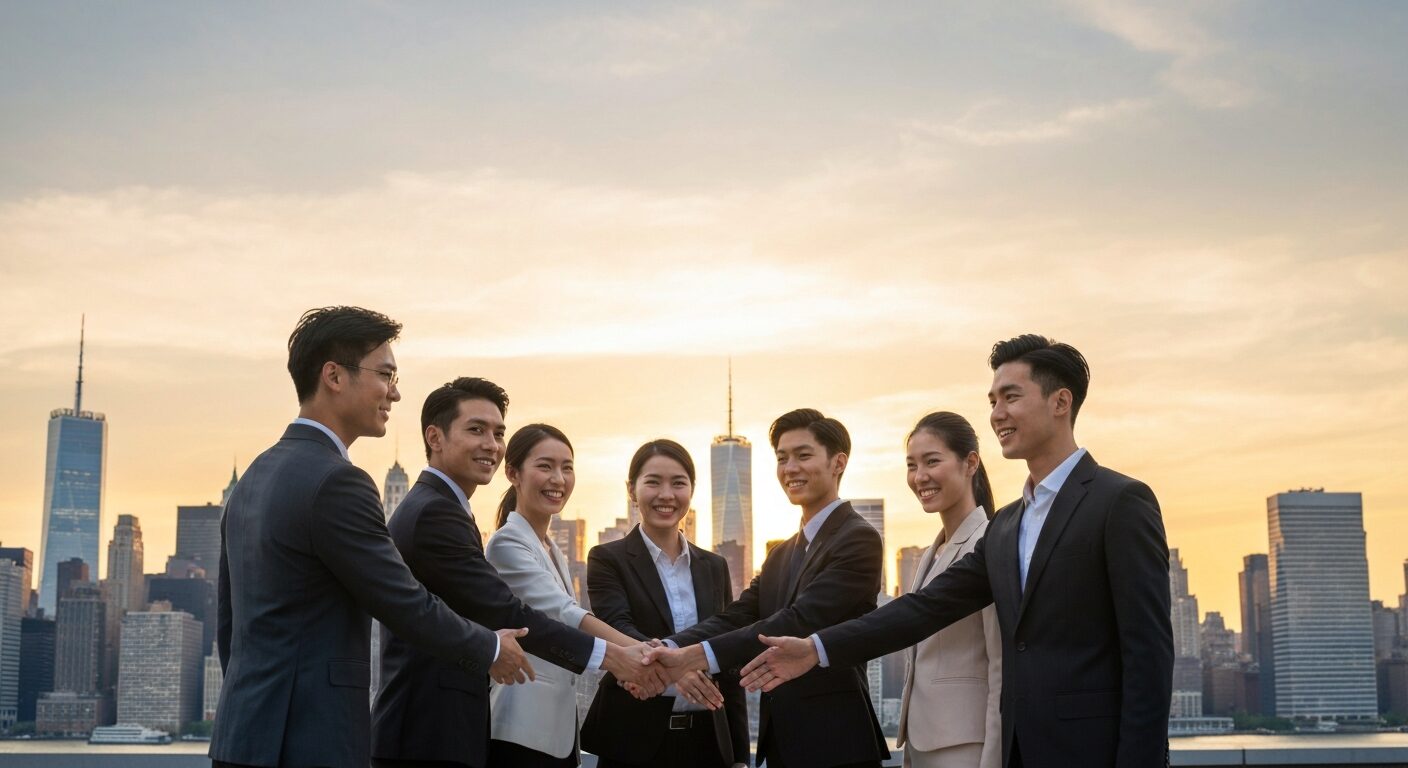 成功したビジネスマンがアメリカの都市部で握手している、スカイラインが背景にある成功の象徴的な風景