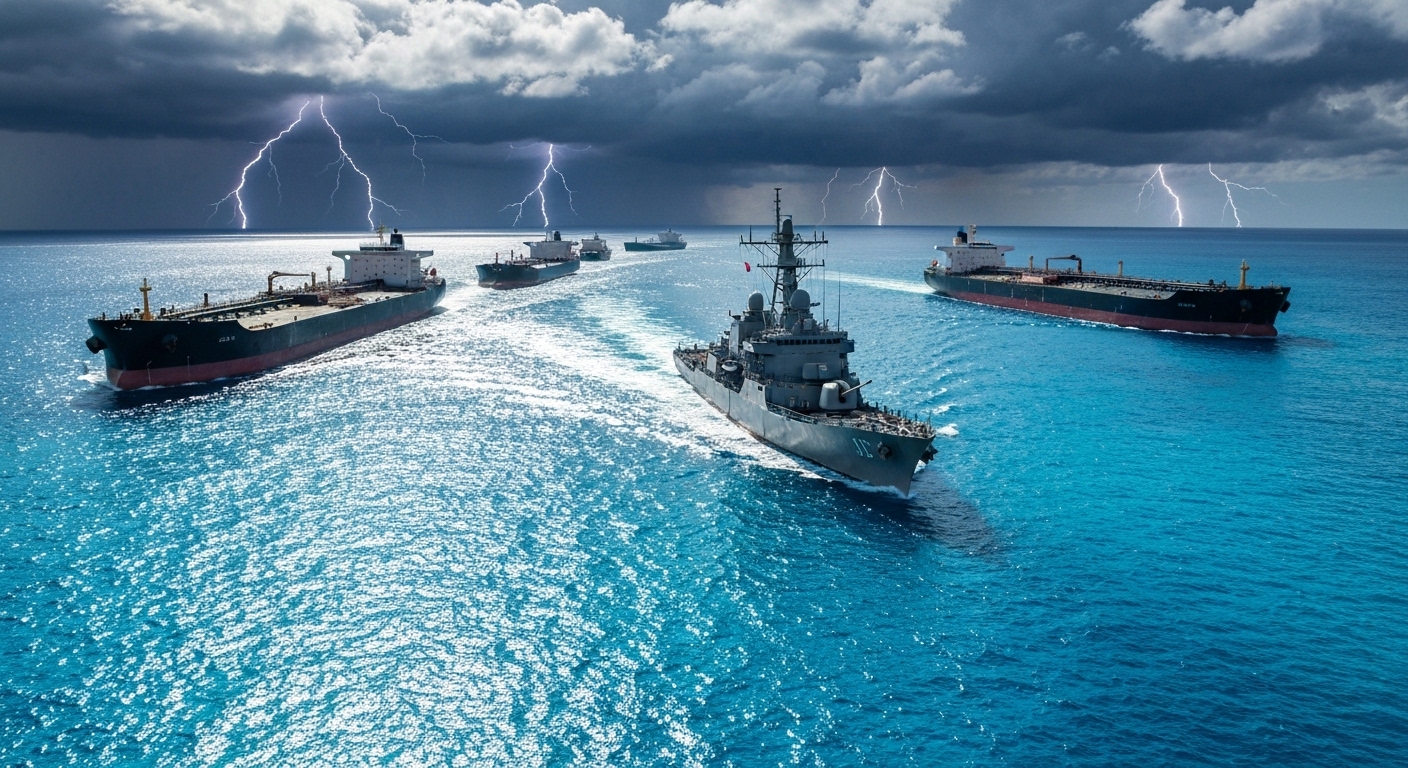 ホルムズ海峡でタンカー護衛を行う米海軍のイメージ