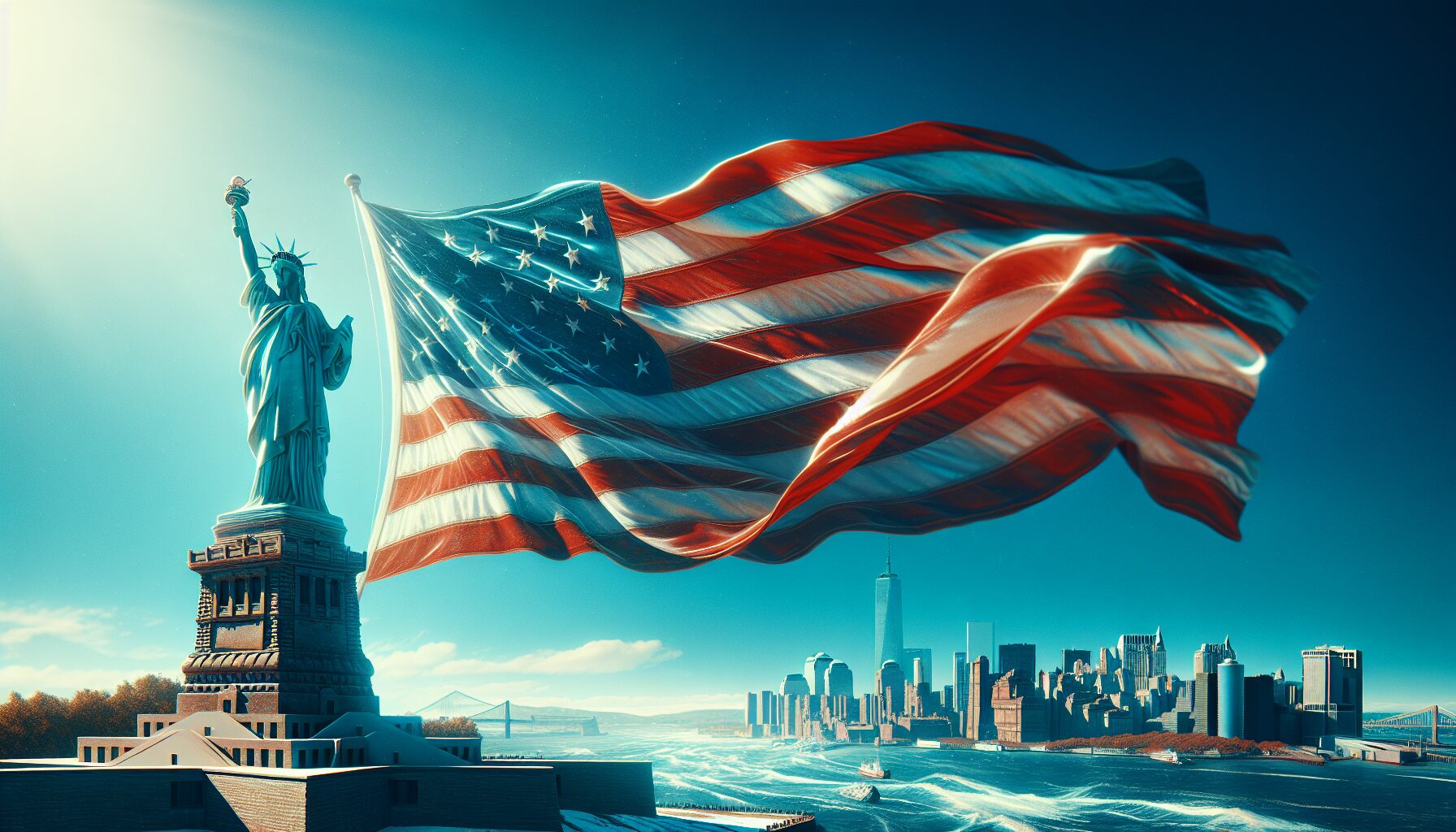 自由の女神とアメリカ国旗