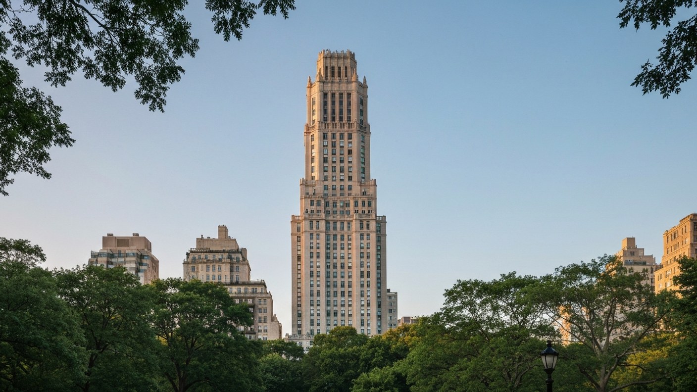 An elegant limestone clad residential tower with classical proportions rising above Central Park Sou