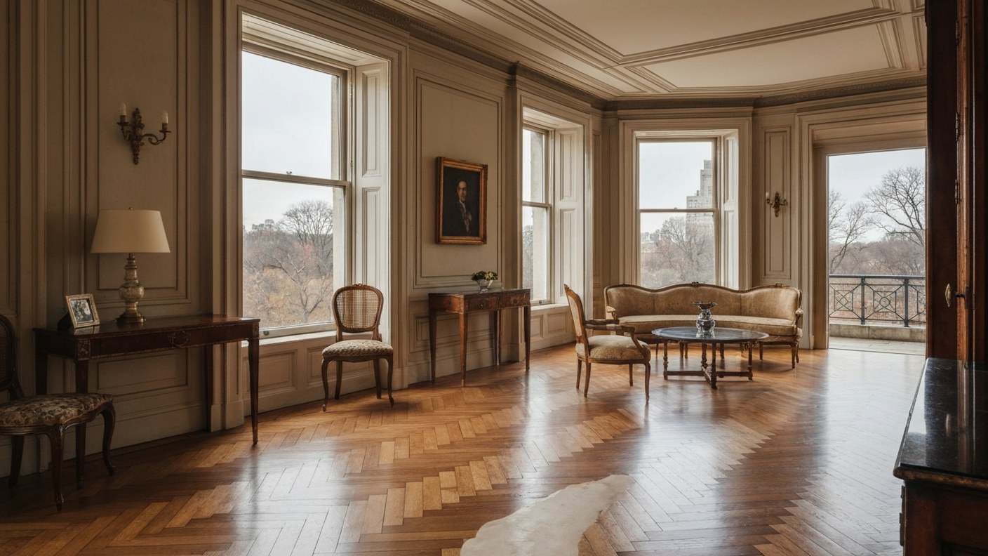 Luxurious classical apartment interior with herringbone wood floors, tall windows overlooking Centra