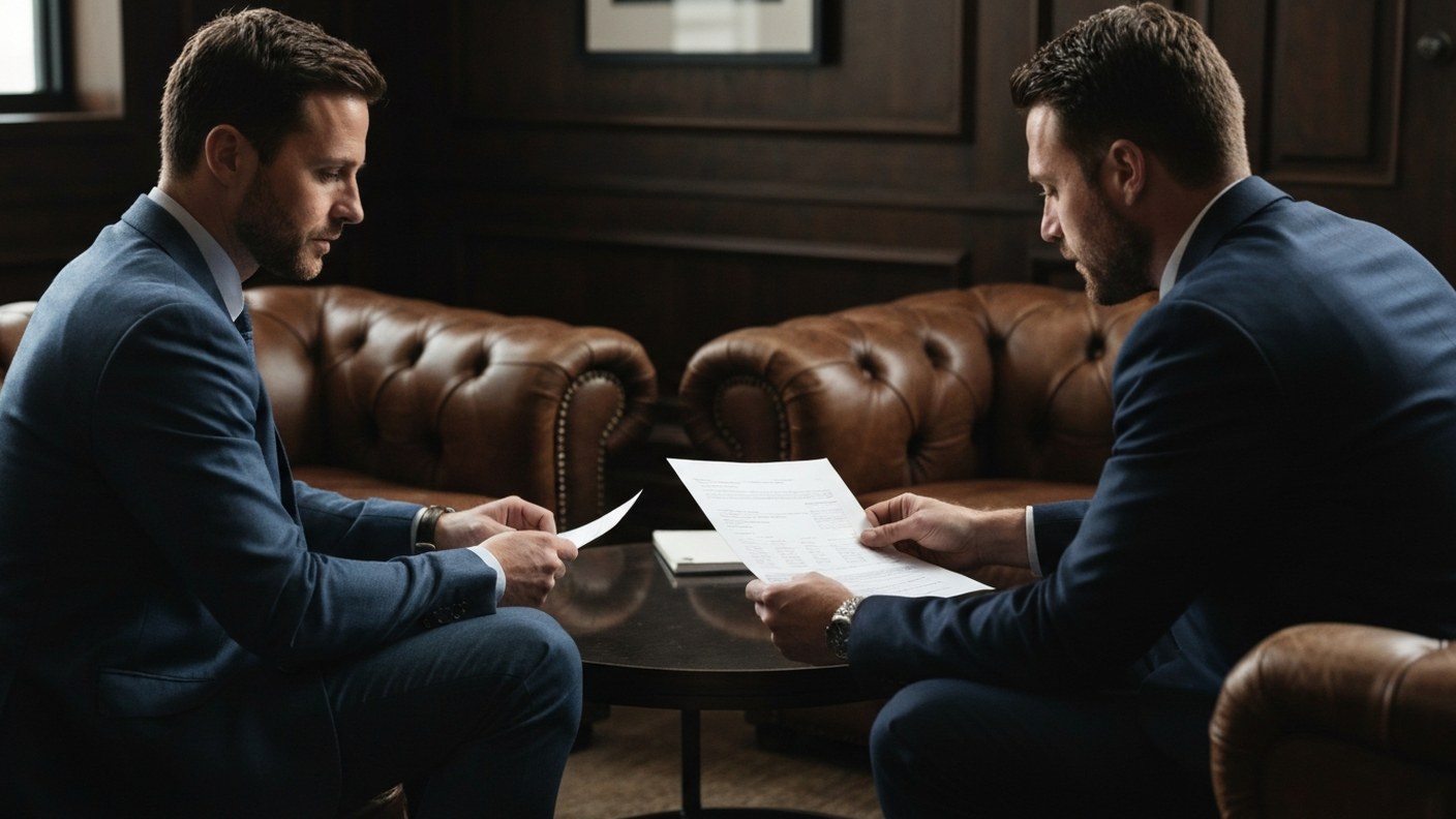A discreet real estate meeting in a private club like lounge, leather chairs, two people reviewing a