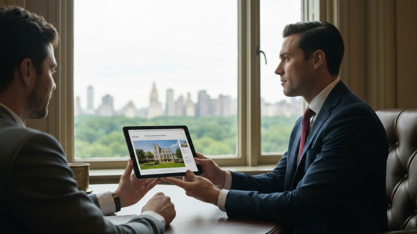 A professional advisor presenting a curated portfolio of luxury properties on a tablet to a client i