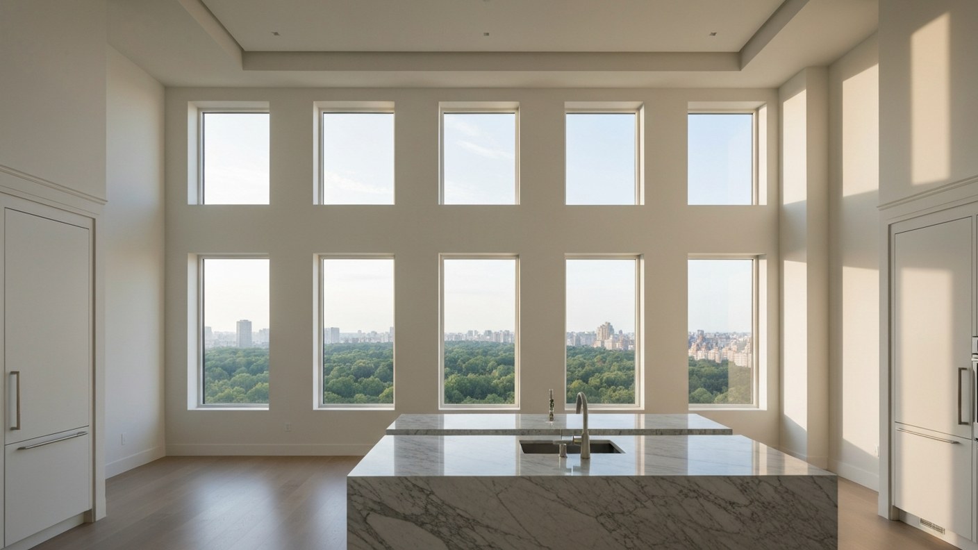 Interior of an ultra luxury apartment with huge square windows framing Central Park view, minimal wh