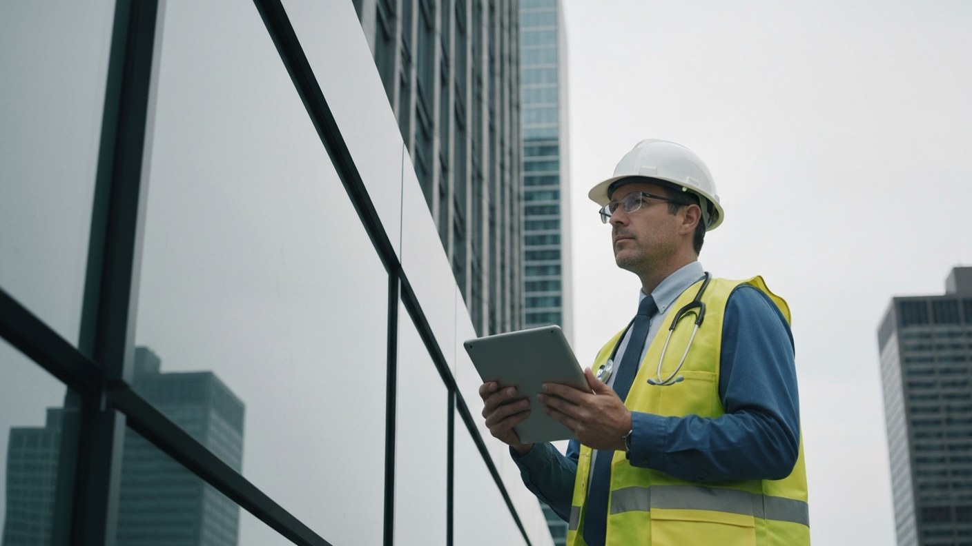 An engineer inspecting the facade of a modern high rise building with tablet in hand, professional i