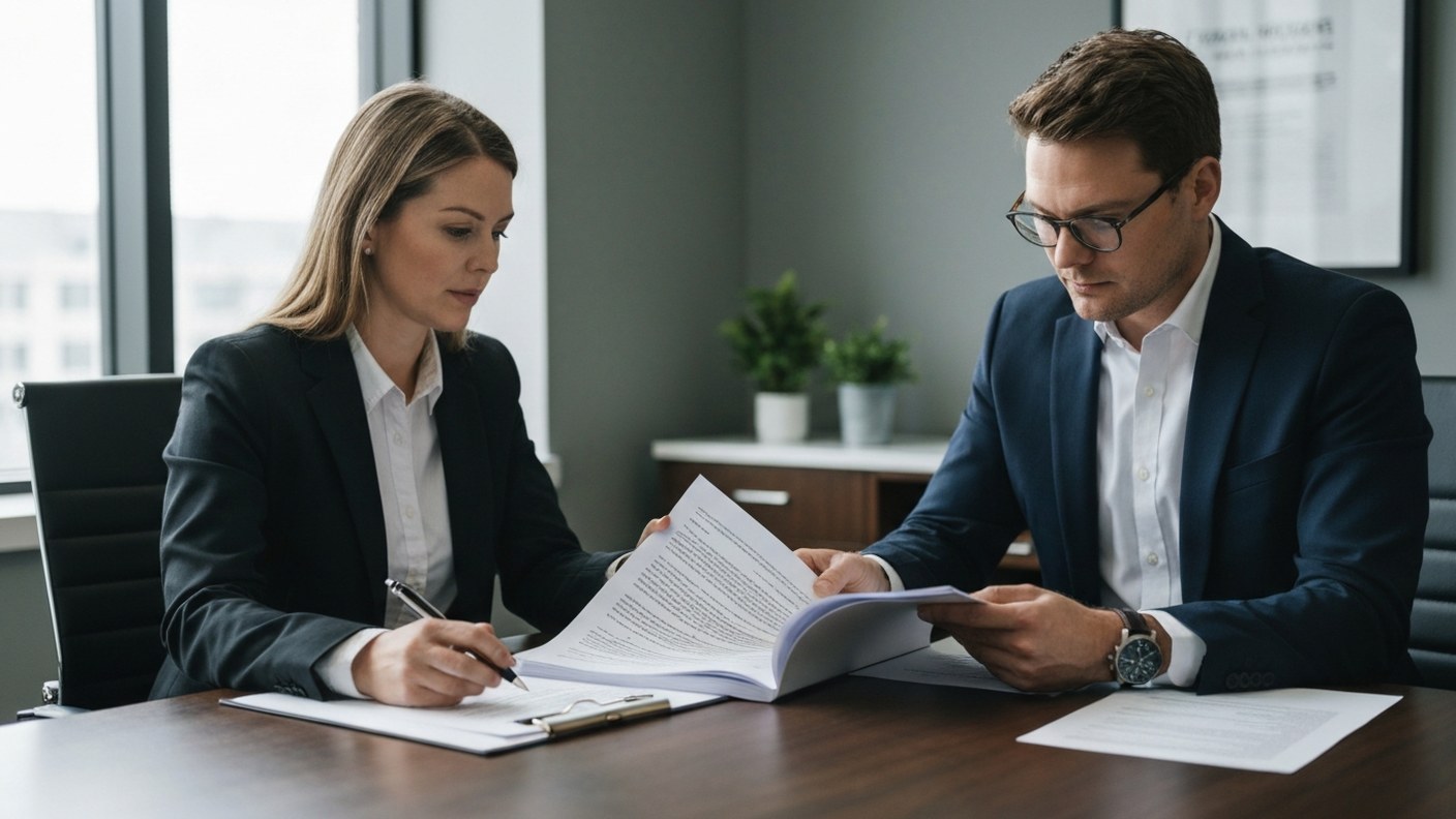 A business meeting with attorney reviewing thick condominium documents at a conference table, Manhat