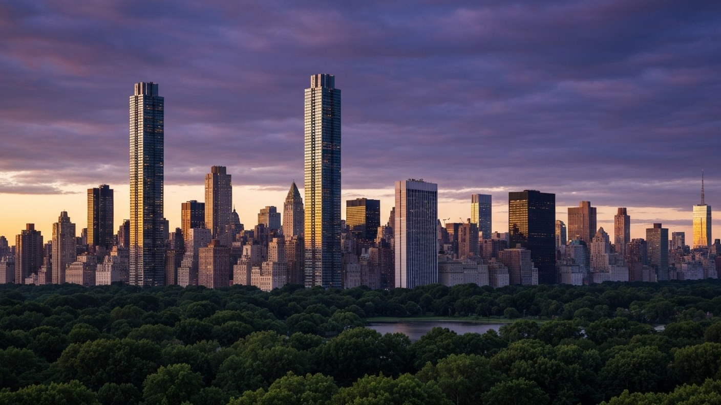 Manhattan skyline at dusk featuring slender supertall residential towers, viewed from across Central