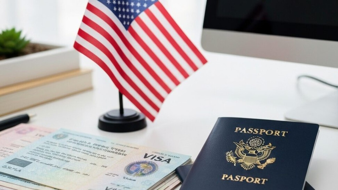 アメリカの国旗とパスポート、ビザ書類が整然と並べられたデスクの写真
