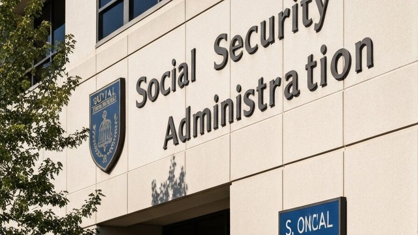 アメリカのソーシャルセキュリティオフィスの建物外観と「Social Security Administration」の看板