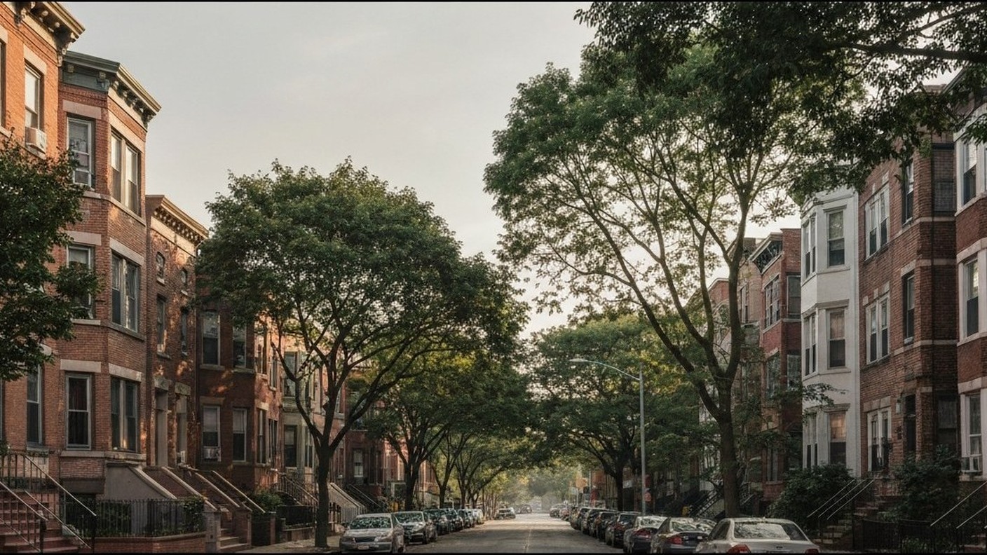 tree-lined residential street in Astoria Queens with low-rise brick row houses, morning light