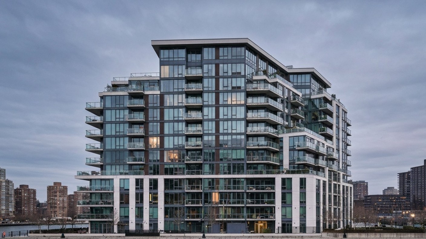 modern mid-rise residential building with balconies in Queens waterfront district, dusk