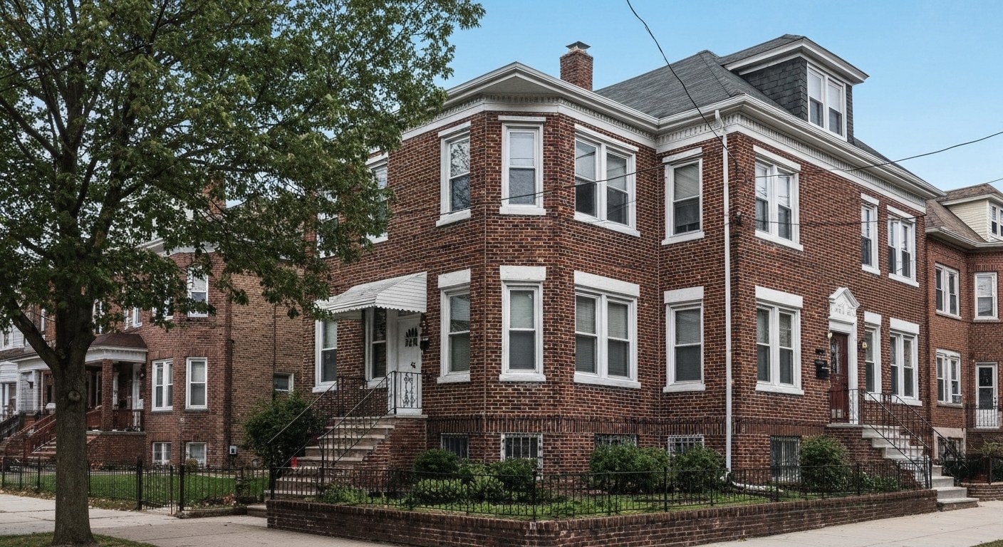 brick two-family house exterior in Queens residential neighborhood, clear day