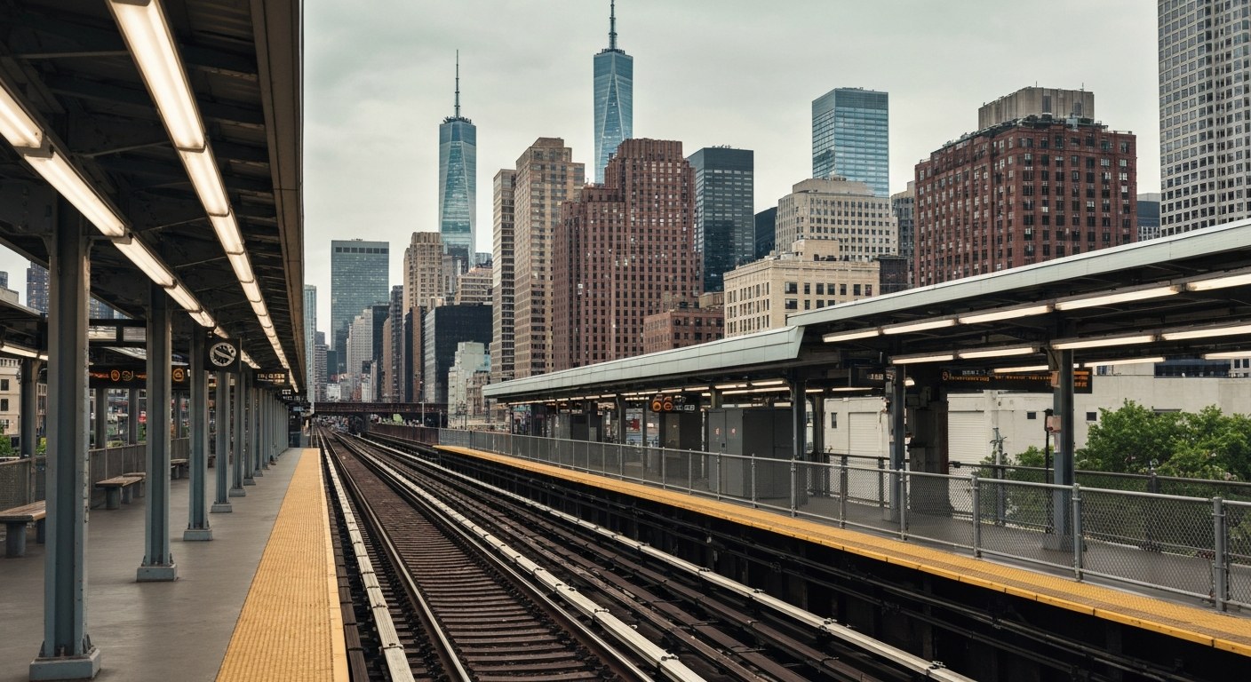 elevated subway train station platform in Queens with city skyline behind, daytime
