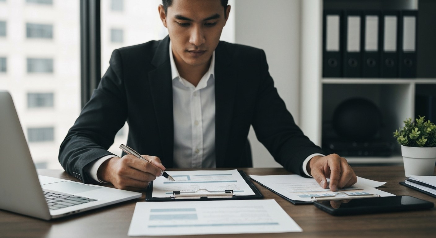 professional real estate consultation with documents and laptop on desk, office interior