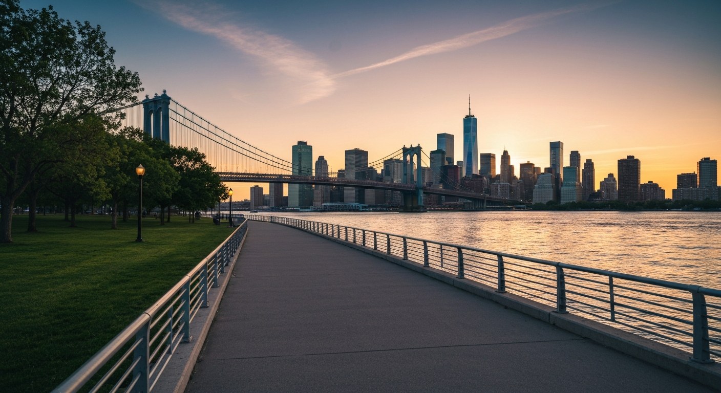 waterfront park path with bridge and Manhattan skyline at sunset, Queens