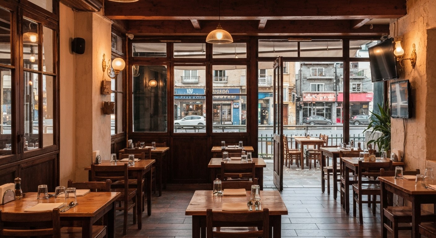 neighborhood taverna interior with wooden tables and warm lighting, evening