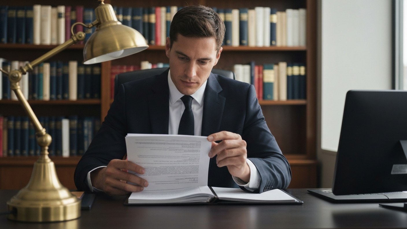 A real estate attorney reviewing a thick contract at a desk with a brass lamp in a Manhattan law off