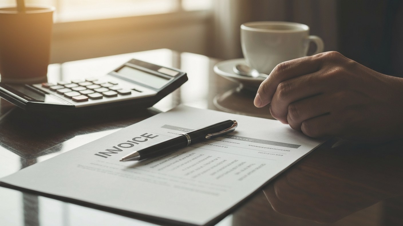 Close-up of an invoice document and pen on a polished desk, calculator and coffee cup nearby, warm o