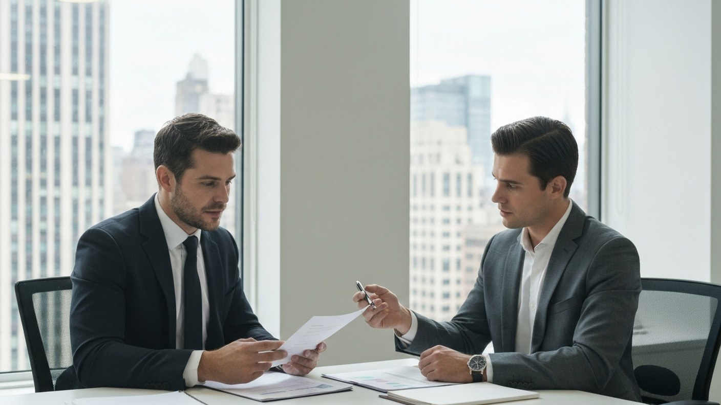 Two professionals having a consultation meeting in a bright modern office, one explaining documents 