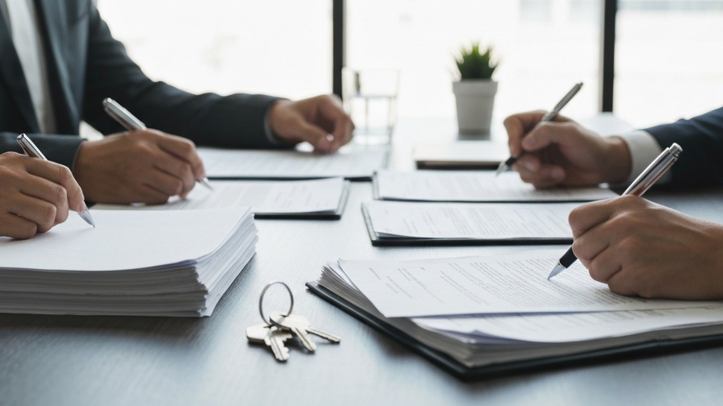 A closing table scene with stacks of documents, keys and two pens, hands of several people signing p