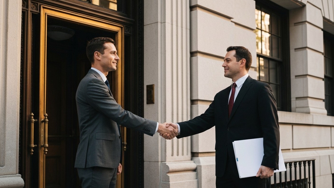 A satisfied client shaking hands with an attorney outside a classic New York office building entranc
