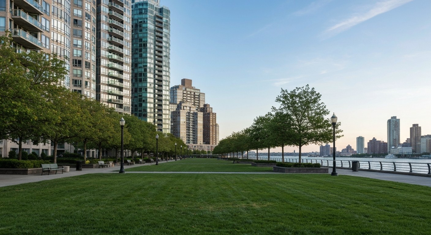 waterfront promenade with lawns and trees beside residential towers, New York harbor