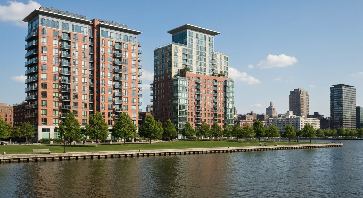 modern residential apartment buildings facing a waterfront park, New York