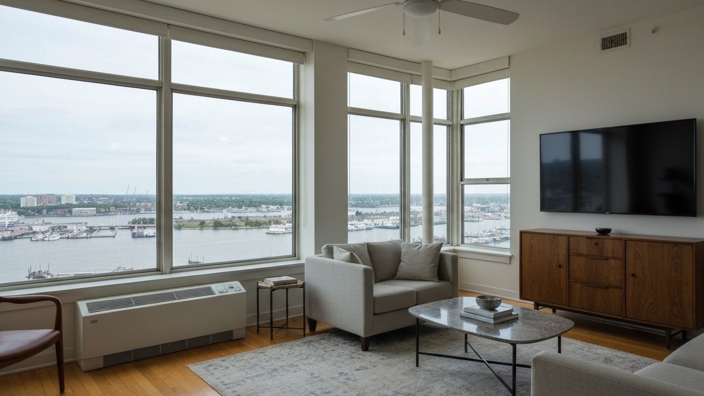 bright apartment living room with river and harbor view through large windows