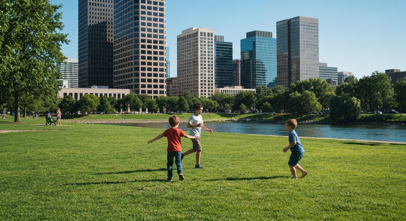 children playing in a green riverside park with city buildings behind, sunny day