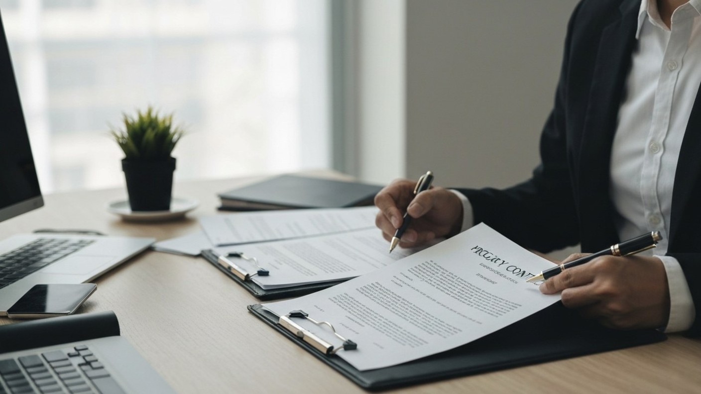 legal documents and property contracts being reviewed at a desk, professional setting