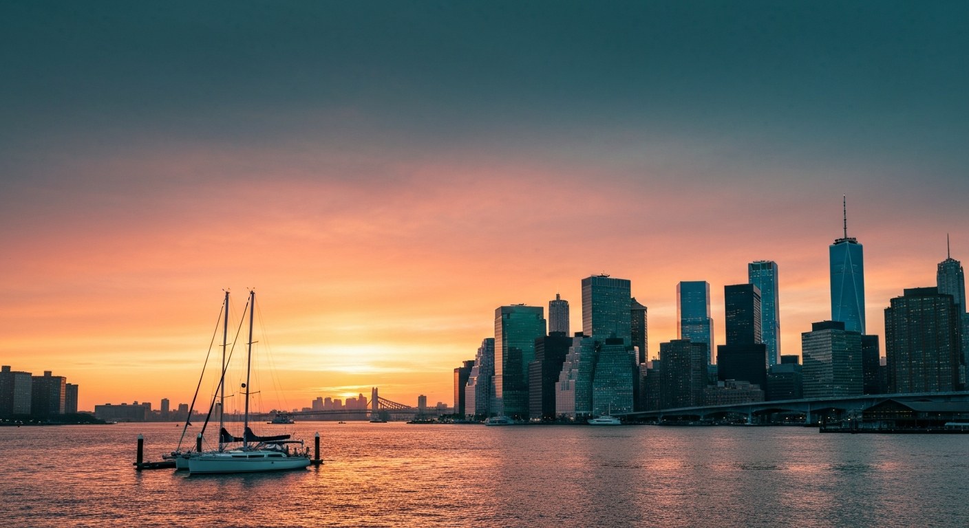 harbor sunset with sailboats and Manhattan waterfront skyline