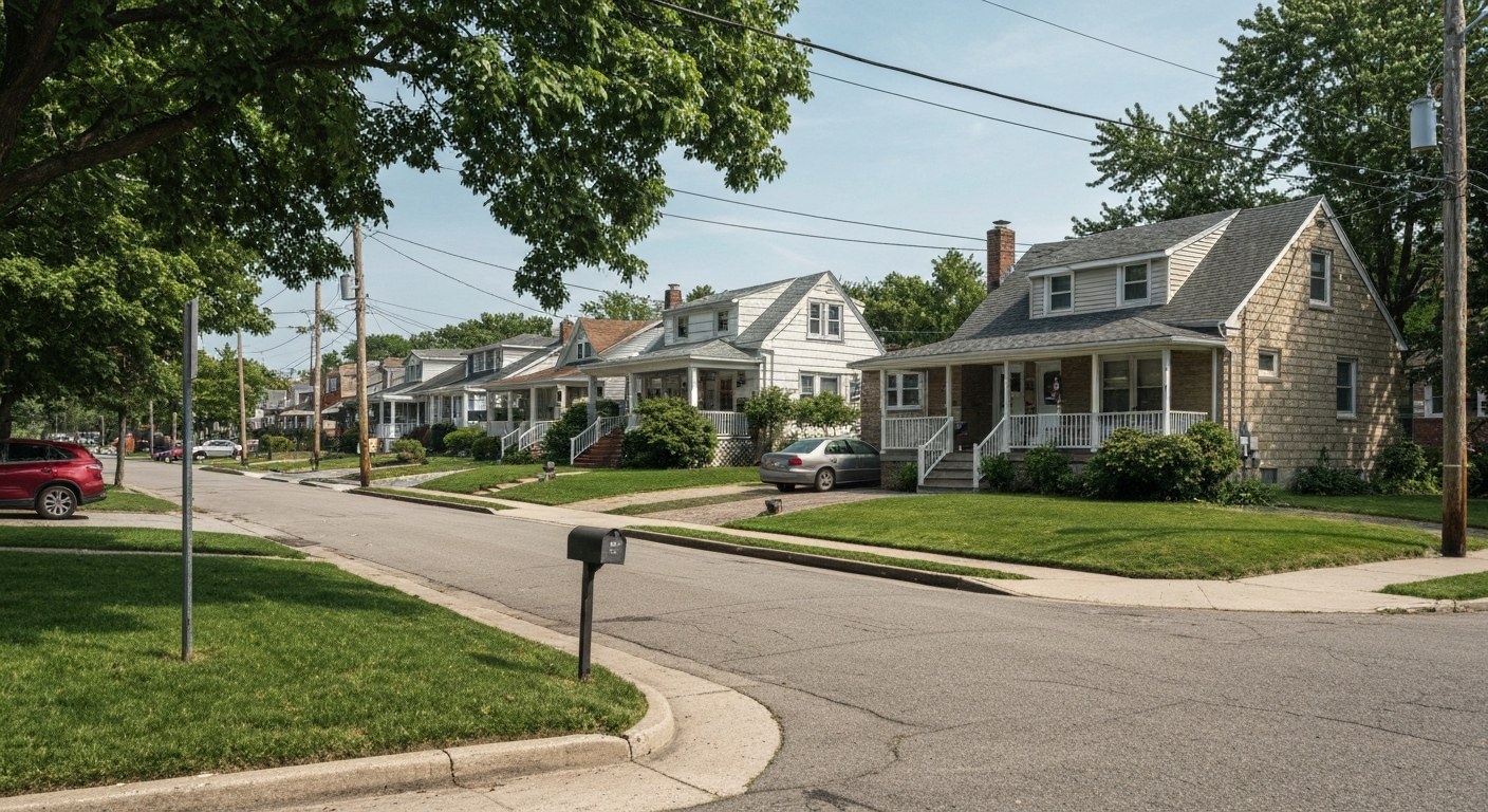 suburban street with detached single family houses and front lawns in Queens