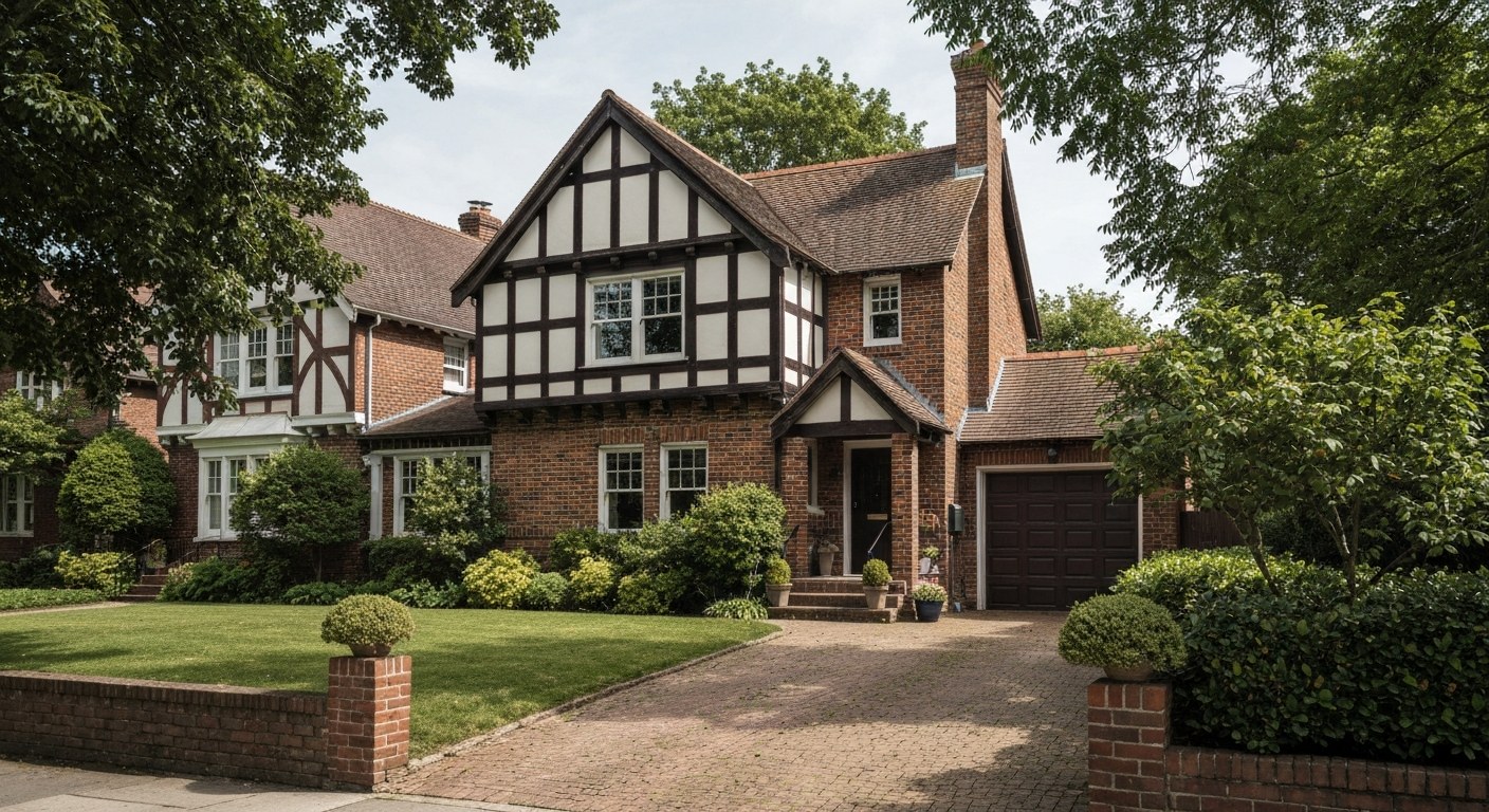brick tudor style house with a driveway and garden in a quiet neighborhood