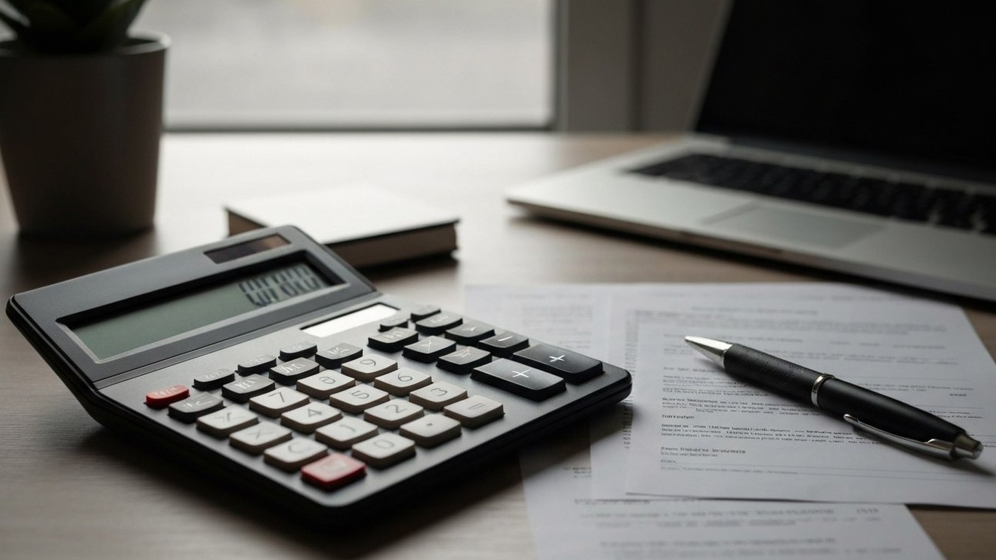 calculator, property tax statement and pen on a desk, natural light
