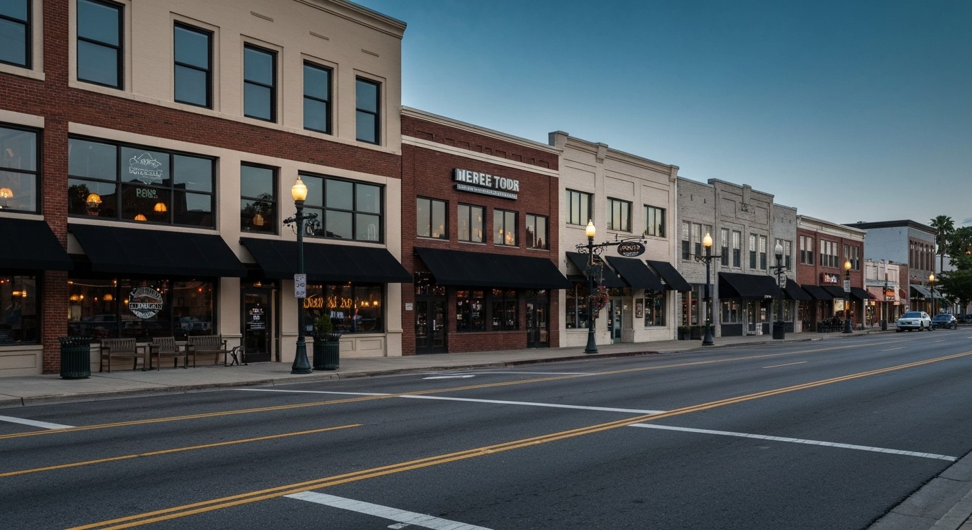 local commercial street with restaurants and shops in the evening, city lights