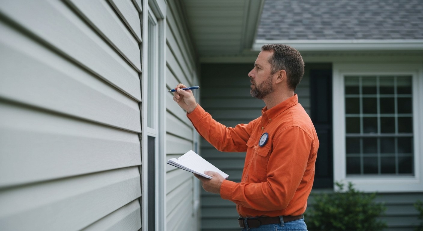 home inspector examining the exterior siding of a house with a notebook