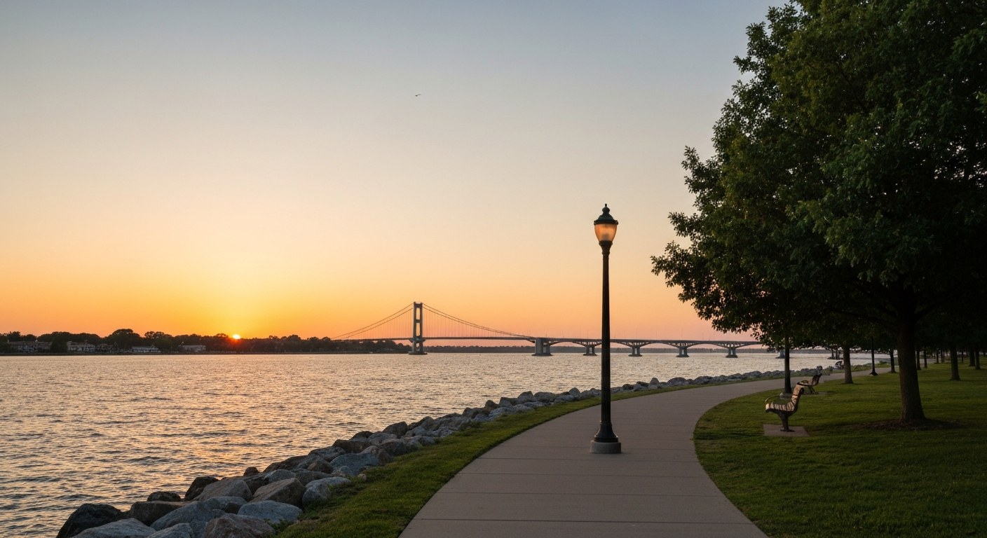waterfront park path with a bridge in the distance at sunset