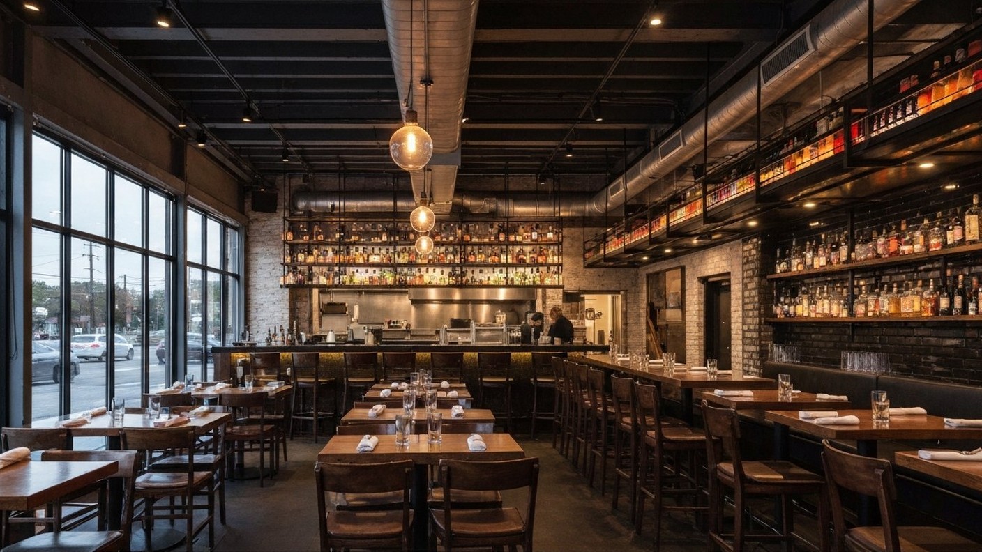 neighborhood restaurant with an open kitchen and bar seating, warm evening light