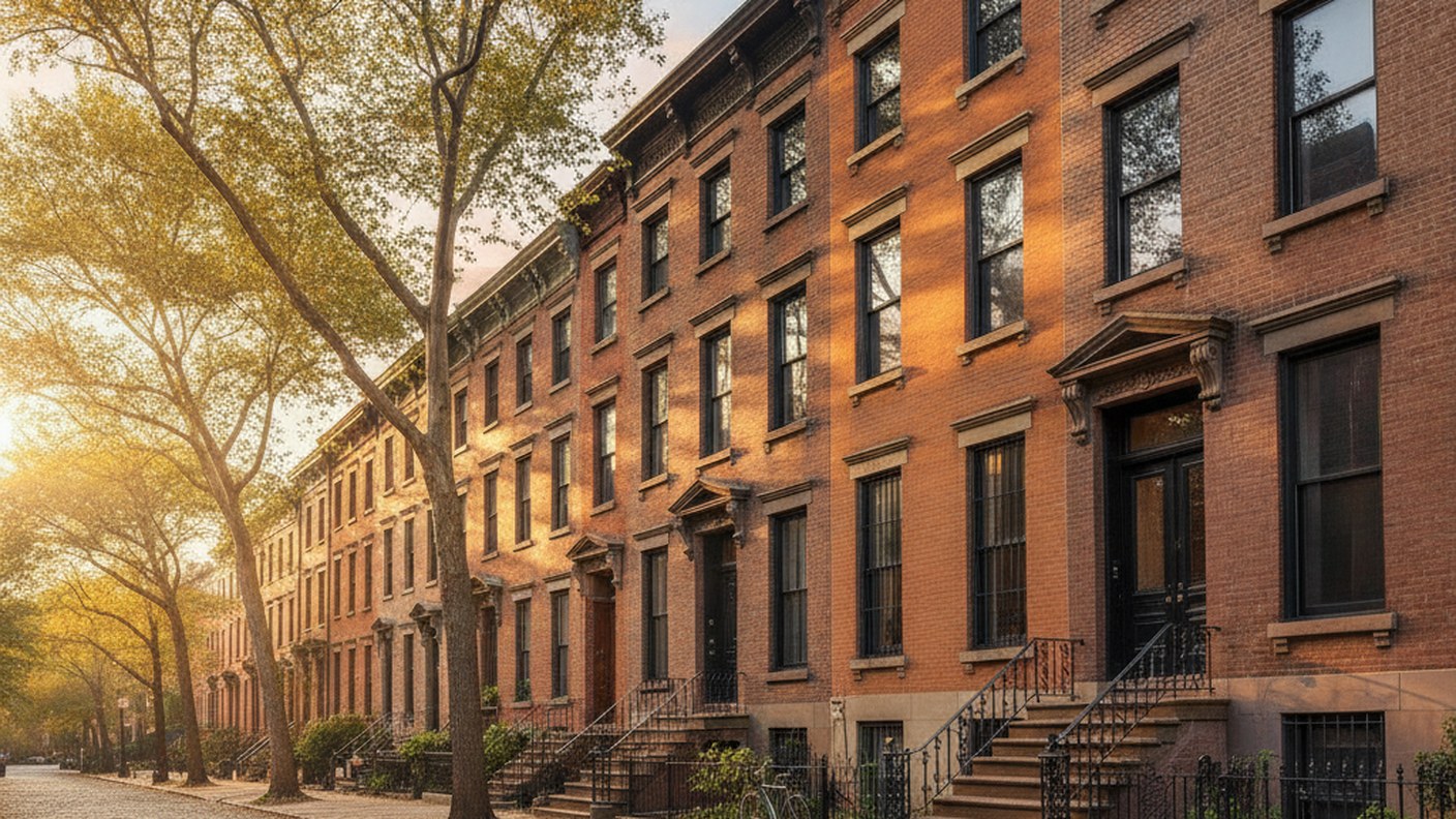 low rise brick and brownstone row houses on a narrow Brooklyn street, morning