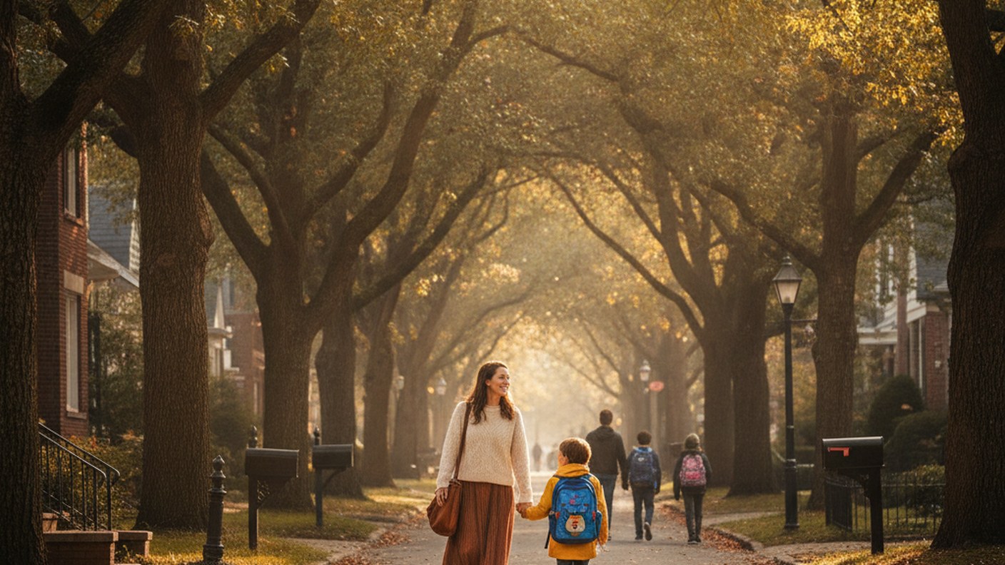 parent and child walking to school along a tree lined residential street, morning light