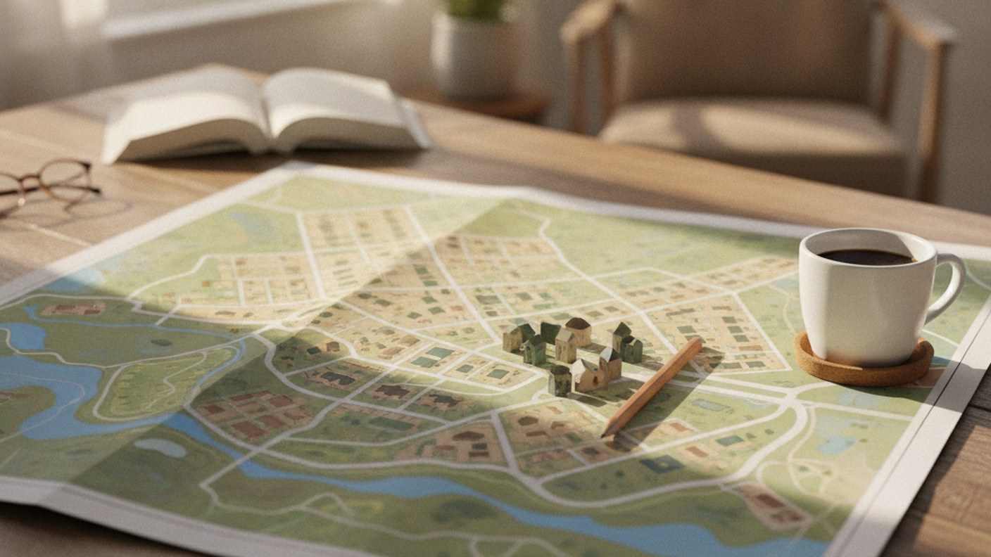 detailed neighborhood map spread on a table with a pencil and coffee, daylight