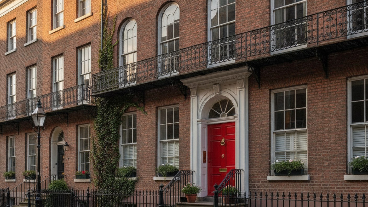 narrow three story townhouse facade with iron railings and a red door, afternoon sun