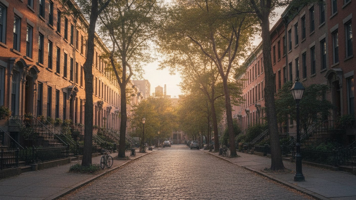 quiet Brooklyn block of low townhouses with long shadows, late afternoon
