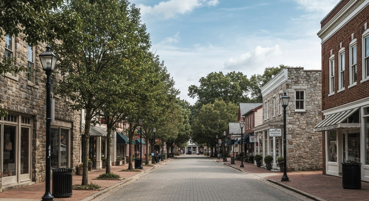 small walkable village center with stone and brick buildings, tree lined street