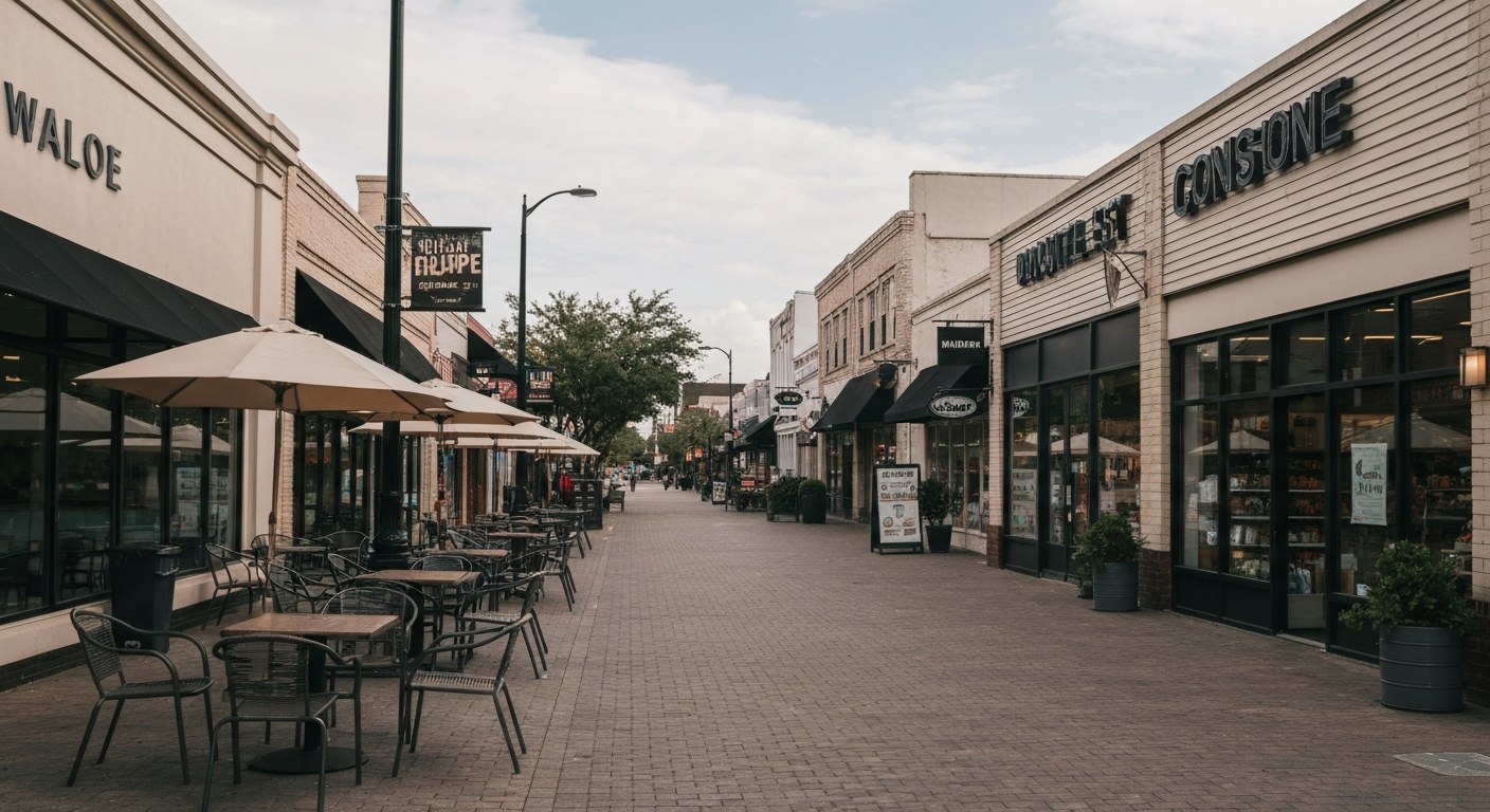 pedestrian shopping street with cafes and grocery storefront, daytime