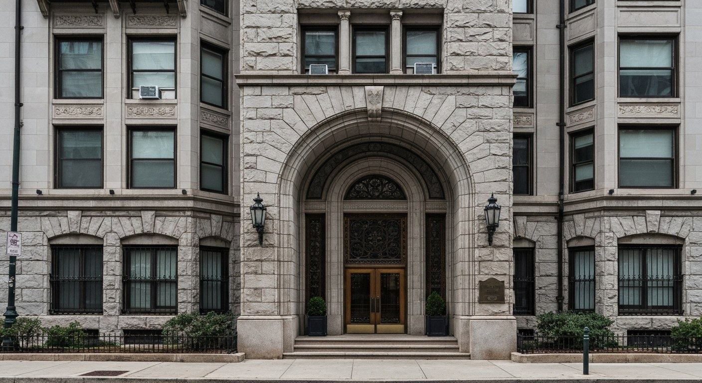 prewar apartment building facade with stone details and arched entrance